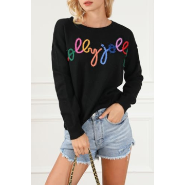 LEMAFER Women's 2024 Christmas Holly Jolly Sweater Round Neck Sequin Tinsel Slogan Sweatshirts Long Sleeve Holiday Pullover Tops Black