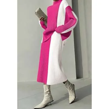 Pink Queen Women's 2 Piece Outfits 2024 Fall Winter Sweater Skirt Set Mock Neck Long Sleeve Oversized Top High Waist Color Block Dress Set Hot Pink S