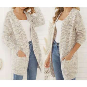 futurino Women's Cable Twist School Wear Boyfriend Pocket Open Front Cardigan Popcorn Sweaters