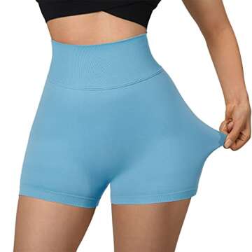 SUUKSESS Women Seamless Booty Shorts Scrunch Butt Lifting High Waisted Workout Shorts (3" Sky Blue, S)