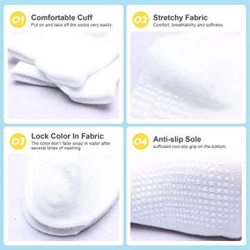 HYzgb Baby Socks 12-24 Months 12 Pairs Toddler Socks 1T 2T 3T with Non Skid Grips for Toddler Boys Girls 1-2-3 Years Old Ideal Gift Ankle Socks (White)