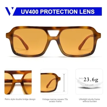 Trendy VANLINKER Retro 70s Square Aviator Sunglasses - UV400 Protection