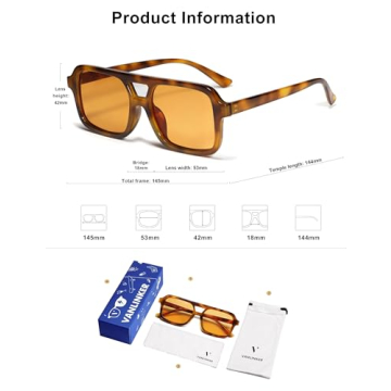 Trendy VANLINKER Retro 70s Square Aviator Sunglasses - UV400 Protection