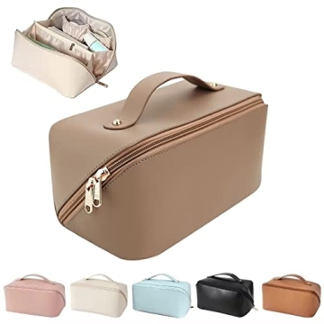 Large-Capacity Travel Leather Makeup Bag Cosmetic Bag Waterproof Portable Makeup Case Organizer Toil...
