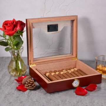 Modern Cedar Cigar Humidor with Glass Top and Hygrometer