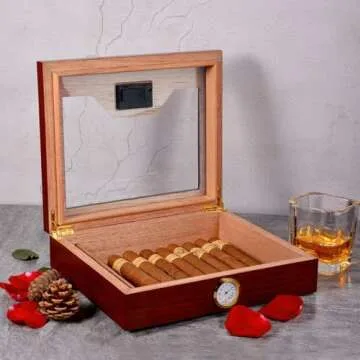 Modern Cedar Cigar Humidor with Glass Top and Hygrometer
