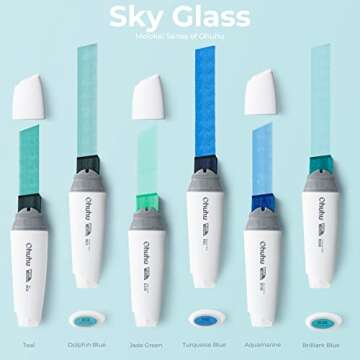 Ohuhu Alcohol Markers Extra Wide Broad Tip - Refillable Ink- 6 Colors of Sky Glass - 1-19mm Nib Call...