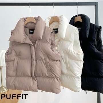 PUFFIT Women's Puffer Vest, Sleeveless Bubble Vests Outerwear with Trendy Hidden Diagonal Zipper, Stand Collar, Side Pockets, Ultra Soft Versatile Padded Puffy Gilet