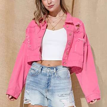 CHARTOU Women's Diamond Rodeo Rhinestone Denim Jacket Button Down Crop Fringe Jean Jacket (Medium, Pink)