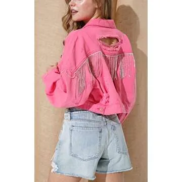 CHARTOU Women's Diamond Rodeo Rhinestone Denim Jacket Button Down Crop Fringe Jean Jacket (Medium, Pink)