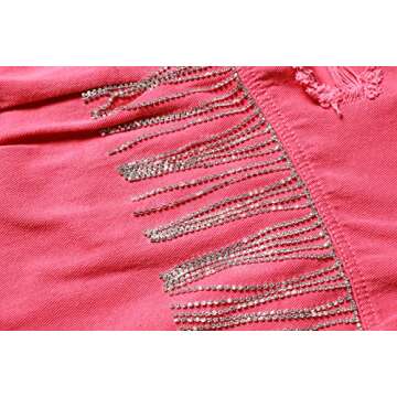 CHARTOU Women's Diamond Rodeo Rhinestone Denim Jacket Button Down Crop Fringe Jean Jacket (Medium, Pink)