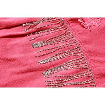 CHARTOU Women's Diamond Rodeo Rhinestone Denim Jacket Button Down Crop Fringe Jean Jacket (Medium, Pink)