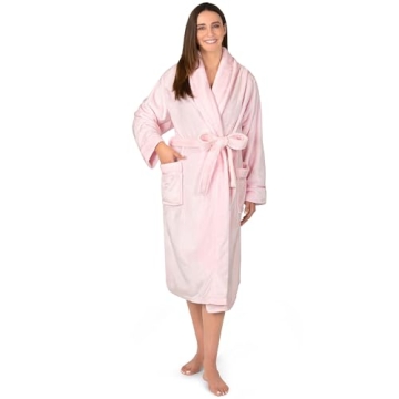 PAVILIA Fleece Soft Fluffy Bathrobe - Plush Cozy Long Spa Robe with Satin Trim (S/M, Pink)