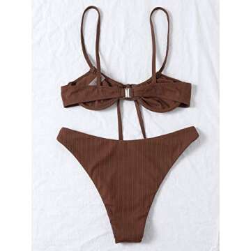 SOLY HUX Women's 2 Piece Swimsuit High Waisted Bikini Sets Sexy Thong Bathing Suit Spaghetti Strap Tie Front Swimwear Coffee Brown L