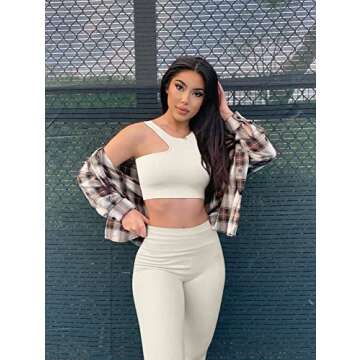 OQQ Women's 4 Piece Workout Ribbed Yoga High Waist Legging 3 Crop Sports Exercise Set Bra Outfit, Beige, Small