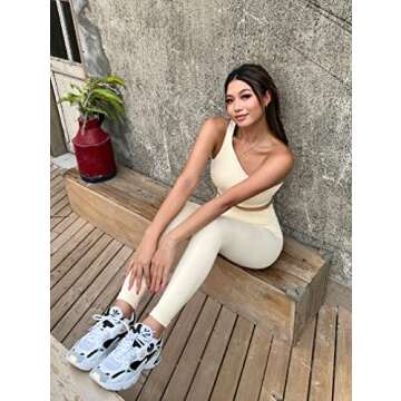 OQQ Women's 4 Piece Workout Ribbed Yoga High Waist Legging 3 Crop Sports Exercise Set Bra Outfit, Beige, Small