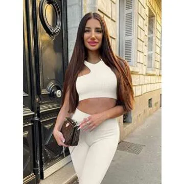 OQQ Women's 4 Piece Workout Ribbed Yoga High Waist Legging 3 Crop Sports Exercise Set Bra Outfit, Beige, Small