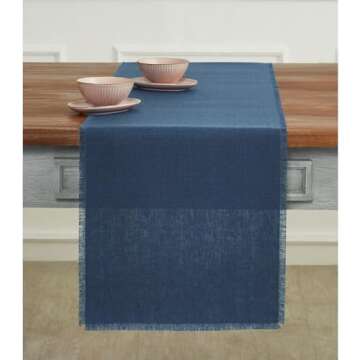 Solino Home Fringe Linen Table Runner 60 Inch – 100% Pure Linen Vintage Blue Short Table Runner 14...