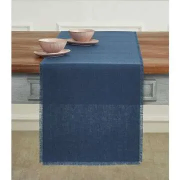 Solino Home Fringe Linen Table Runner 60 Inch – 100% Pure Linen Vintage Blue Short Table Runner 14...