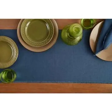 Solino Home Fringe Linen Table Runner 60 Inch – 100% Pure Linen Vintage Blue Short Table Runner 14 x 60 Inch Ideal for Dresser and Coffee Tables - Spring, Easter