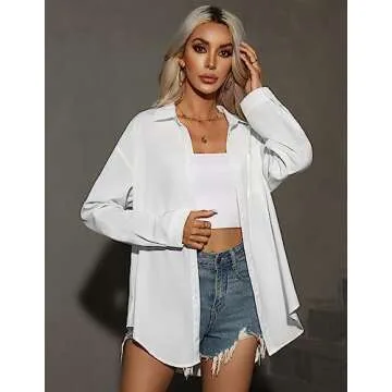 HOTOUCH Womens Button Up Office Dress Shirt Loose Drop Shoulder Blouse with Pockets White, Small, Long Sleeve