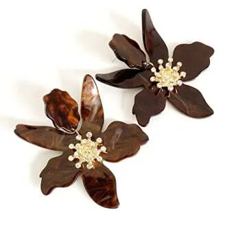 ANDPAI Unique Bohemian Oversized Acrylic Resin Flower Dangle Drop Earrings Retro Large Hawaii Flower Lei Earrings for Women Statement Jewelry Gifts (Brown)