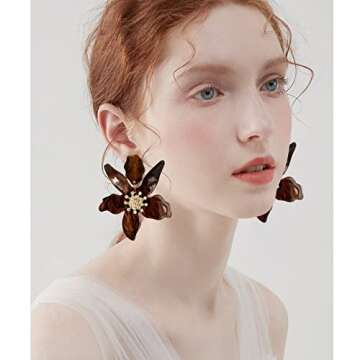 ANDPAI Unique Bohemian Oversized Acrylic Resin Flower Dangle Drop Earrings Retro Large Hawaii Flower Lei Earrings for Women Statement Jewelry Gifts (Brown)
