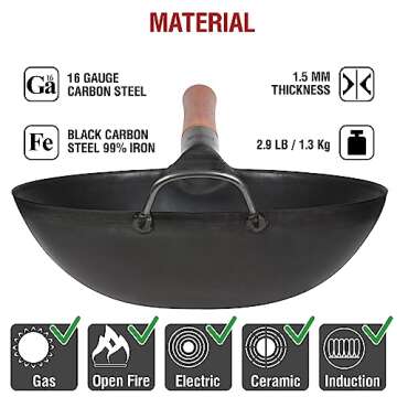 YOSUKATA Carbon Steel 11.8" Stir Fry Wok Pan - Pre-Seasoned Chinese Wok with Flat Bottom, Black Wok for Induction Gas Stovetops - Open Fire, BBQ, Grill, Outdoor Camping Wok