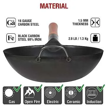 YOSUKATA Carbon Steel 11.8" Stir Fry Wok Pan - Pre-Seasoned Chinese Wok with Flat Bottom, Black Wok for Induction Gas Stovetops - Open Fire, BBQ, Grill, Outdoor Camping Wok