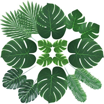 ElaDeco 66 Pcs Artificial Palm Leaves Tropical Faux Leaves with Stems for Jungle Party Safari Decorations Supplies Hawaiian Luau Beach Theme Birthday Party (6 Kinds)