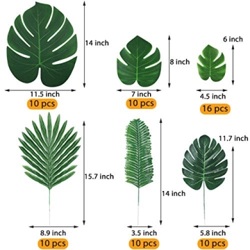 ElaDeco 66 Pcs Artificial Palm Leaves Tropical Faux Leaves with Stems for Jungle Party Safari Decorations Supplies Hawaiian Luau Beach Theme Birthday Party (6 Kinds)