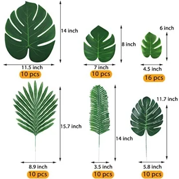 ElaDeco 66 Pcs Artificial Palm Leaves Tropical Faux Leaves with Stems for Jungle Party Safari Decorations Supplies Hawaiian Luau Beach Theme Birthday Party (6 Kinds)