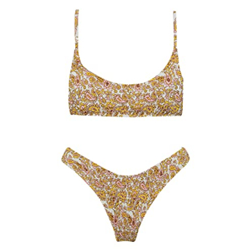 VOLAFA Women's Triangle Bikini Set Smocked Textured Scoop Frilled Print Ruched Elastic Swimsuit Two Piece Bathing Suit (Mustard, Small)