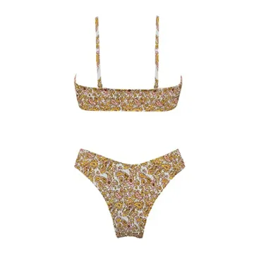 VOLAFA Women's Triangle Bikini Set Smocked Textured Scoop Frilled Print Ruched Elastic Swimsuit Two Piece Bathing Suit (Mustard, Small)