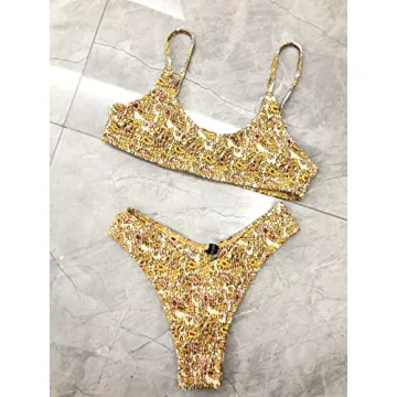 VOLAFA Women's Triangle Bikini Set Smocked Textured Scoop Frilled Print Ruched Elastic Swimsuit Two Piece Bathing Suit (Mustard, Small)