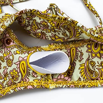 VOLAFA Women's Triangle Bikini Set Smocked Textured Scoop Frilled Print Ruched Elastic Swimsuit Two Piece Bathing Suit (Mustard, Small)