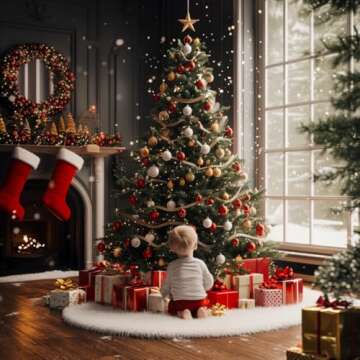 Christmas Tree Skirt 60 Inch White Faux Fur Plush Skirt Christmas Tree Decoration Holiday Party Indoor Outdoor Christmas Decorations for Merry Christmas (Snow White)