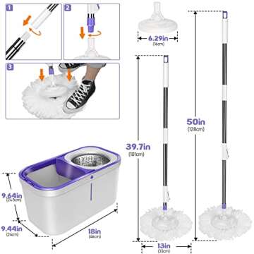 Spin Mop Bucket, Microfiber Floor Mop with 5 Replacement Refills & Floor Brush,Wet&Dry Mop with 51" Stainless Steel Handle,Best for Hardwood Laminate Floor Cleaning-White