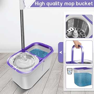 Spin Mop Bucket, Microfiber Floor Mop with 5 Replacement Refills & Floor Brush,Wet&Dry Mop with 51" Stainless Steel Handle,Best for Hardwood Laminate Floor Cleaning-White