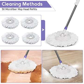 Spin Mop Bucket, Microfiber Floor Mop with 5 Replacement Refills & Floor Brush,Wet&Dry Mop with 51" Stainless Steel Handle,Best for Hardwood Laminate Floor Cleaning-White