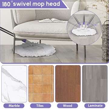 Spin Mop Bucket, Microfiber Floor Mop with 5 Replacement Refills & Floor Brush,Wet&Dry Mop with 51" Stainless Steel Handle,Best for Hardwood Laminate Floor Cleaning-White