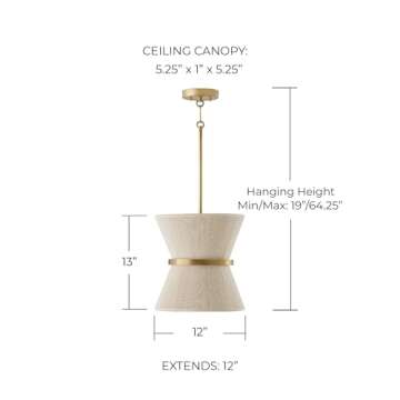 Capital Lighting 341211NP Cecilia Transitional Art Deco Luxe Hand-Wrapped Bleached Natural Rope Tapered Pendant Light Fixture, 1-Light 100 Watt, 13" H x 12" W, Patinaed Brass