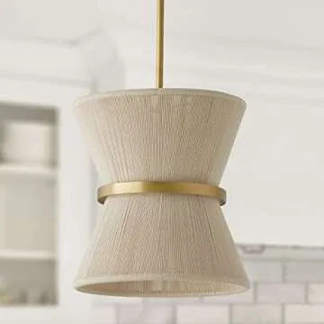Capital Lighting 341211NP Cecilia Transitional Art Deco Luxe Hand-Wrapped Bleached Natural Rope Tapered Pendant Light Fixture, 1-Light 100 Watt, 13" H x 12" W, Patinaed Brass