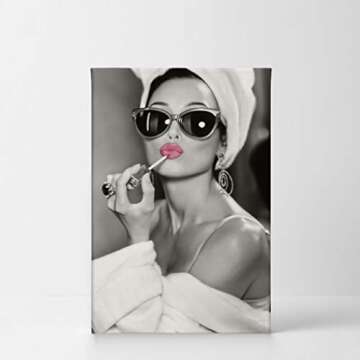 Audrey Hepburn Wall Art Makeup Pink Lipstick CANVAS PRINT Iconic Pop Art Pretty Beauty Black and Whi...