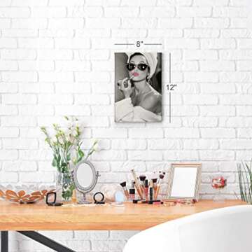 Audrey Hepburn Wall Art Makeup Pink Lipstick CANVAS PRINT Iconic Pop Art Pretty Beauty Black and White Home Decor Artwork Gallery Stretched and Ready to Hang - %100 Handmade in the USA - 17x11