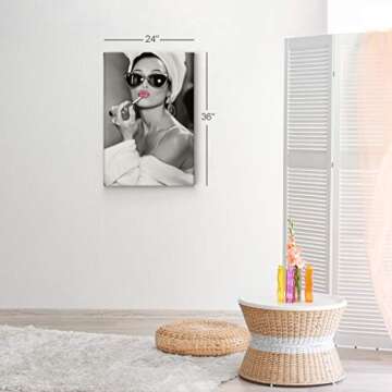 Audrey Hepburn Wall Art Makeup Pink Lipstick CANVAS PRINT Iconic Pop Art Pretty Beauty Black and White Home Decor Artwork Gallery Stretched and Ready to Hang - %100 Handmade in the USA - 17x11
