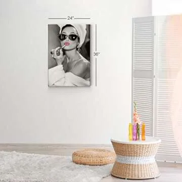Audrey Hepburn Wall Art Makeup Pink Lipstick CANVAS PRINT Iconic Pop Art Pretty Beauty Black and White Home Decor Artwork Gallery Stretched and Ready to Hang - %100 Handmade in the USA - 17x11