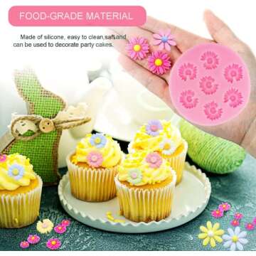 4Pcs Daisy Flower Silicone Molds Chrysanthemum Silicone Molds Small Flower Shapes Fondant Cake Chocolate Molds Polymer Clay Resin Mold for Cake Decoration Candy Ice Cube Soap Wax Making DIY Craft