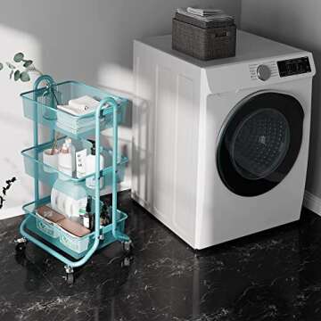 DESIGNA Metal Utility Cart, 3 Tier Mesh Rolling Storage Cart with Handle and Lockable Wheels,Easy As...