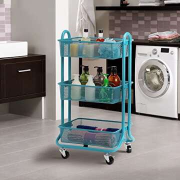 DESIGNA Metal Utility Cart, 3 Tier Mesh Rolling Storage Cart with Handle and Lockable Wheels,Easy Assembly Craft Carts for Kitchen,Bathroom,Office,Turquoise